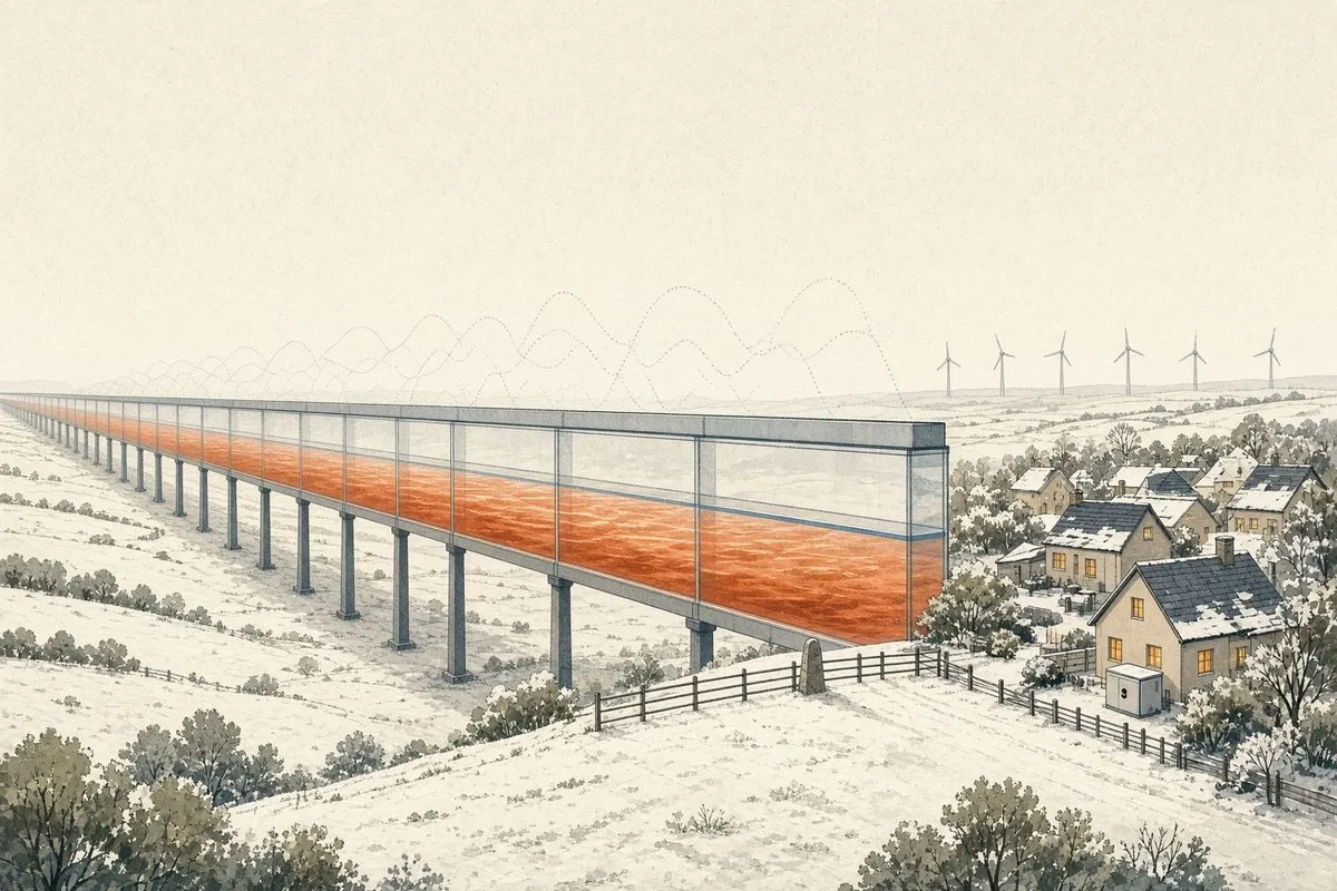 Illustration: en lång genomskinlig kanal på pelare genom ett snötäckt landskap mot en by, fylld med glödande orange flöde upp till en målad linje ungefär två tredjedelar upp, med svaga streckade konturer av extra flöde som svävar ovanför