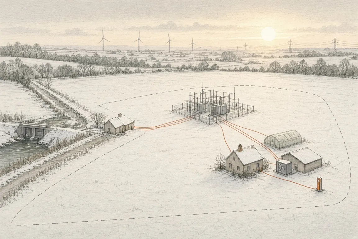Illustration: ett snötäckt vinterlandskap med en transformatorstation i mitten, en streckad gräns runt nätområdet och några få anslutna kunder, ett bostadshus, ett växthus, ett batteri och en laddstolpe, med vindkraft och kraftledningar vid horisonten