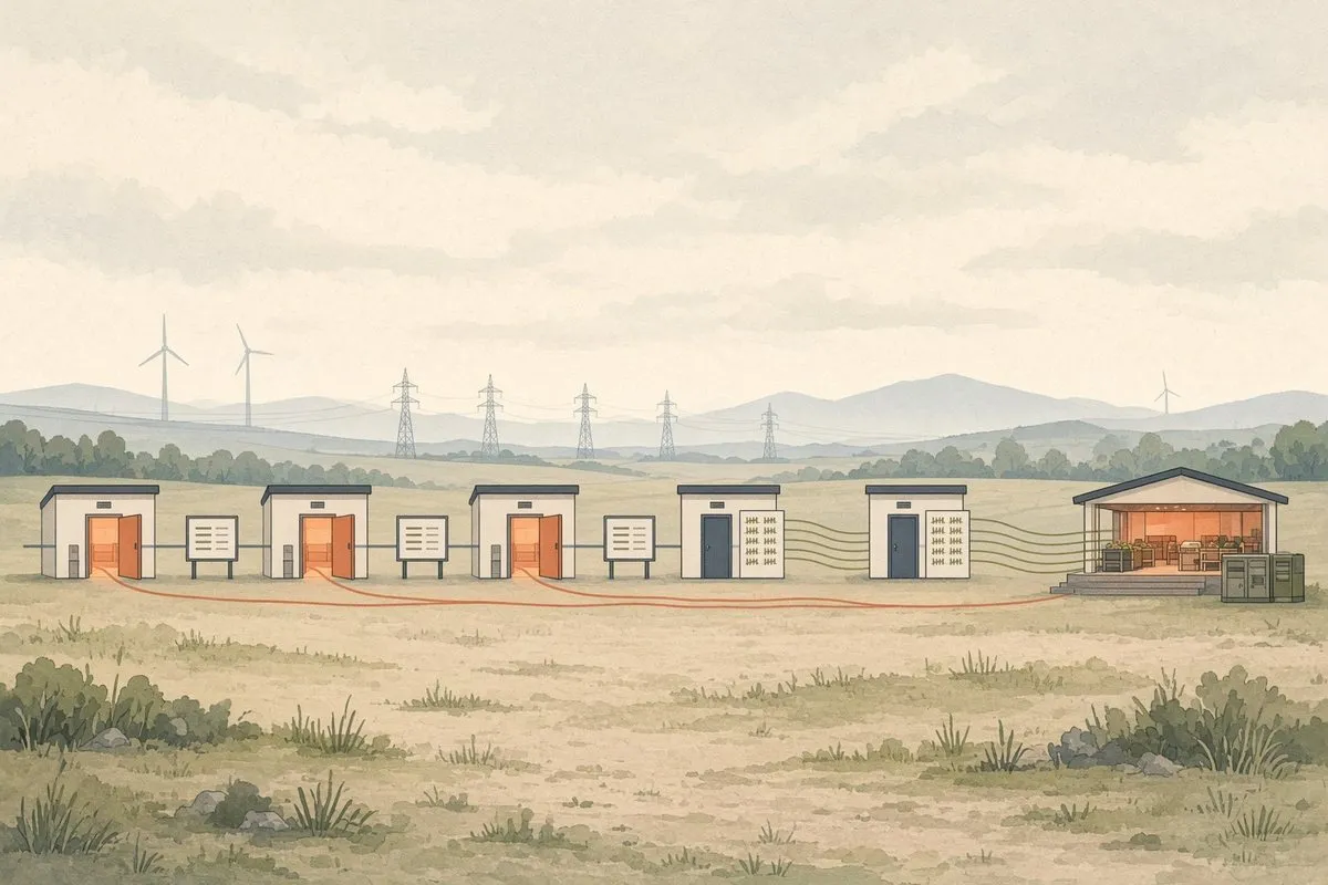 Illustration: fem små nätstationer på rad i ett landskap, tre med öppna glödande dörrar och orange linjer till en marknadshall till höger, två med stängda dörrar men växande tallyskyltar och tunna gröna linjer som drar sig mot samma hall