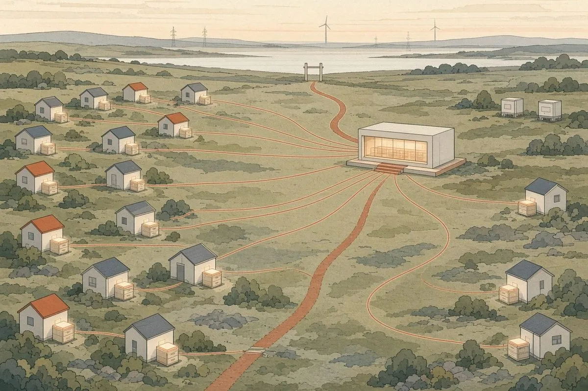 Illustration: ett landskap där många små elnätsföretag, vart och ett med sitt eget register, kopplas samman med ett gemensamt centralt hus, och två vägar av olika längd leder mot samma grind vid horisonten