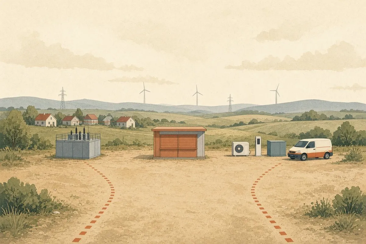 Illustration: en tom marknadsbod med nerfällda luckor mitt på en kal öppen plats, en nätstation till vänster och en värmepump, en laddstolpe, ett batteri och en liten skåpbil till höger, med en streckad stig från vardera sidan som tar slut innan boden